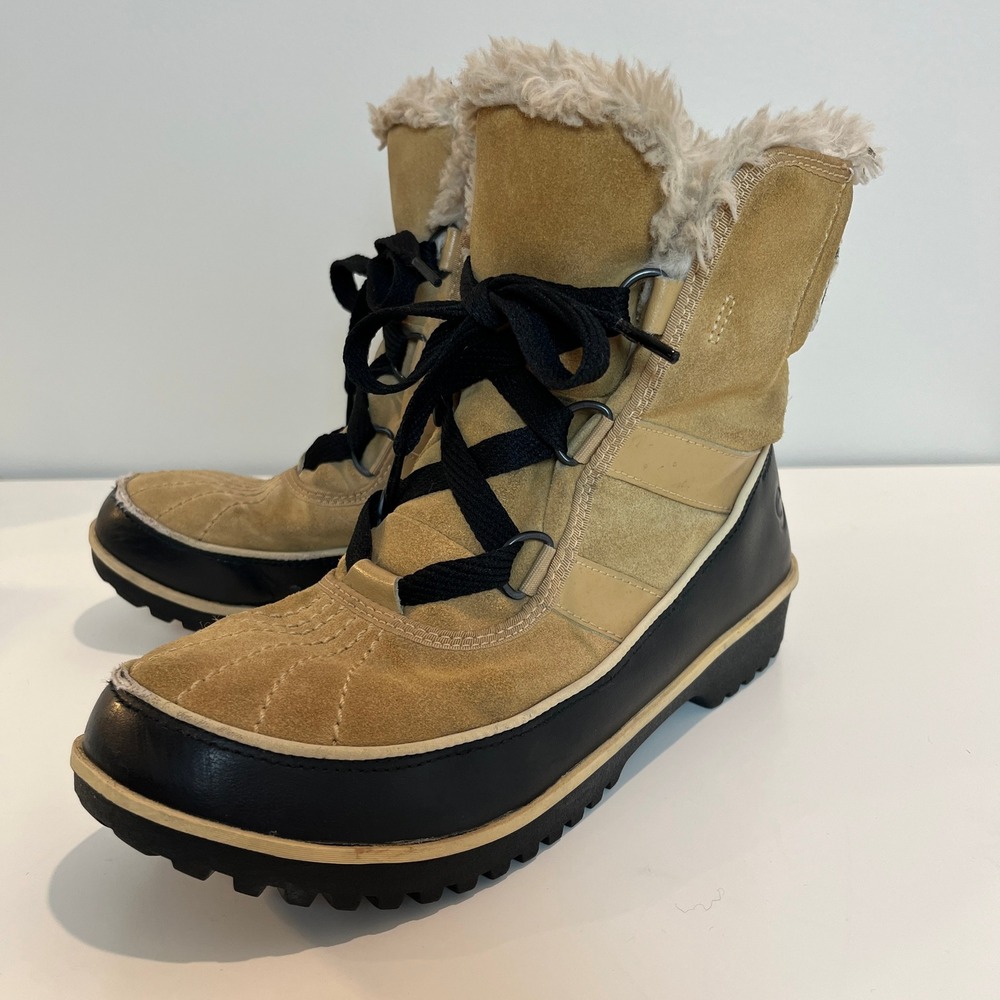 Sorel Tivoli II Tan Black Waterproof Winter Snow Boots Faux Fur NL2089-373 8.5